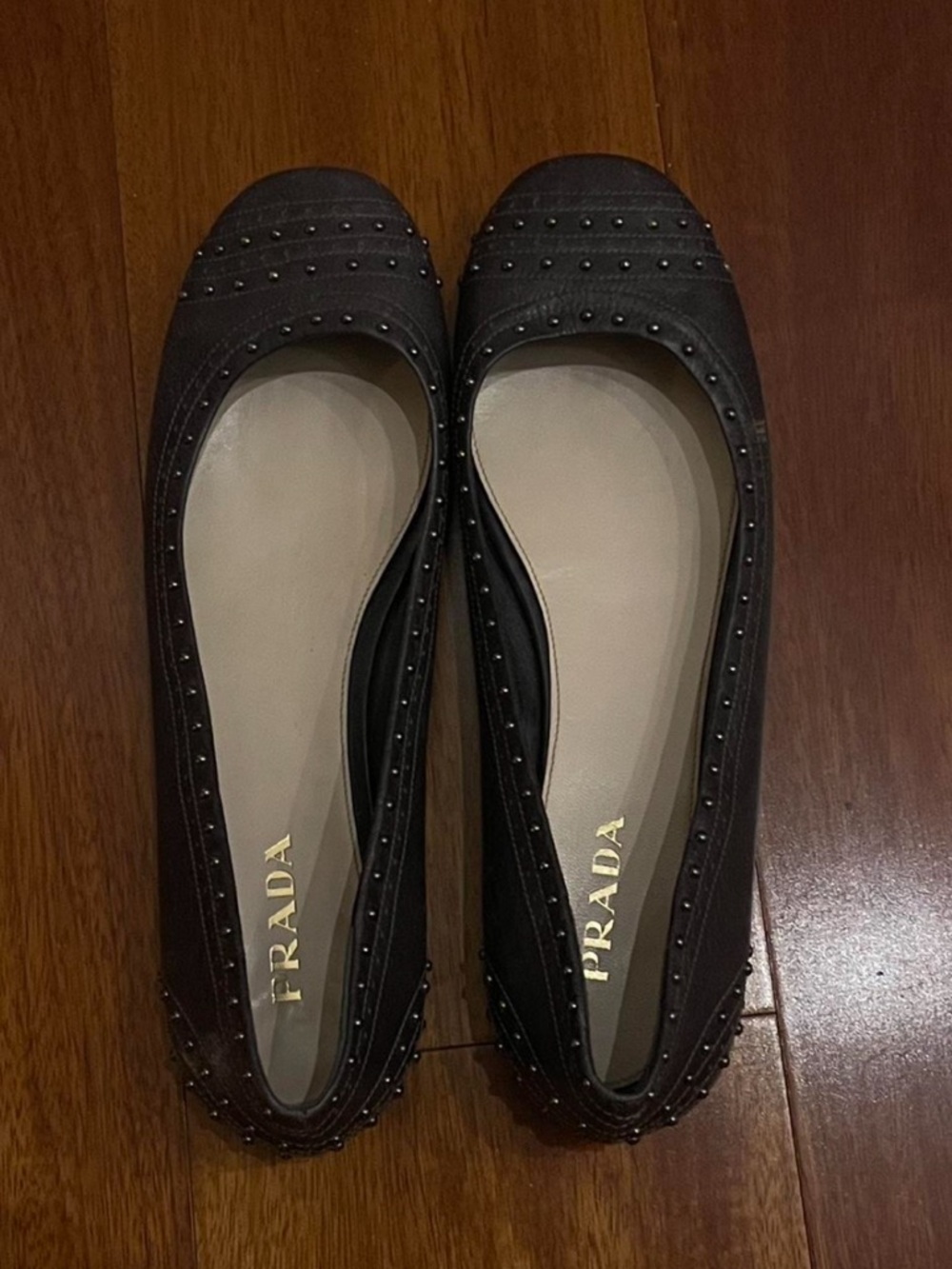 Prada Dark Brown Studded Leather Ballet Flats - Picture 3 of 5